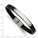 Stainless Steel Polished Black Leather ID Bracelet for Men