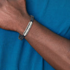 Stainless Steel Antiqued and Polished Navy Blue Leather Bracelet for Men
