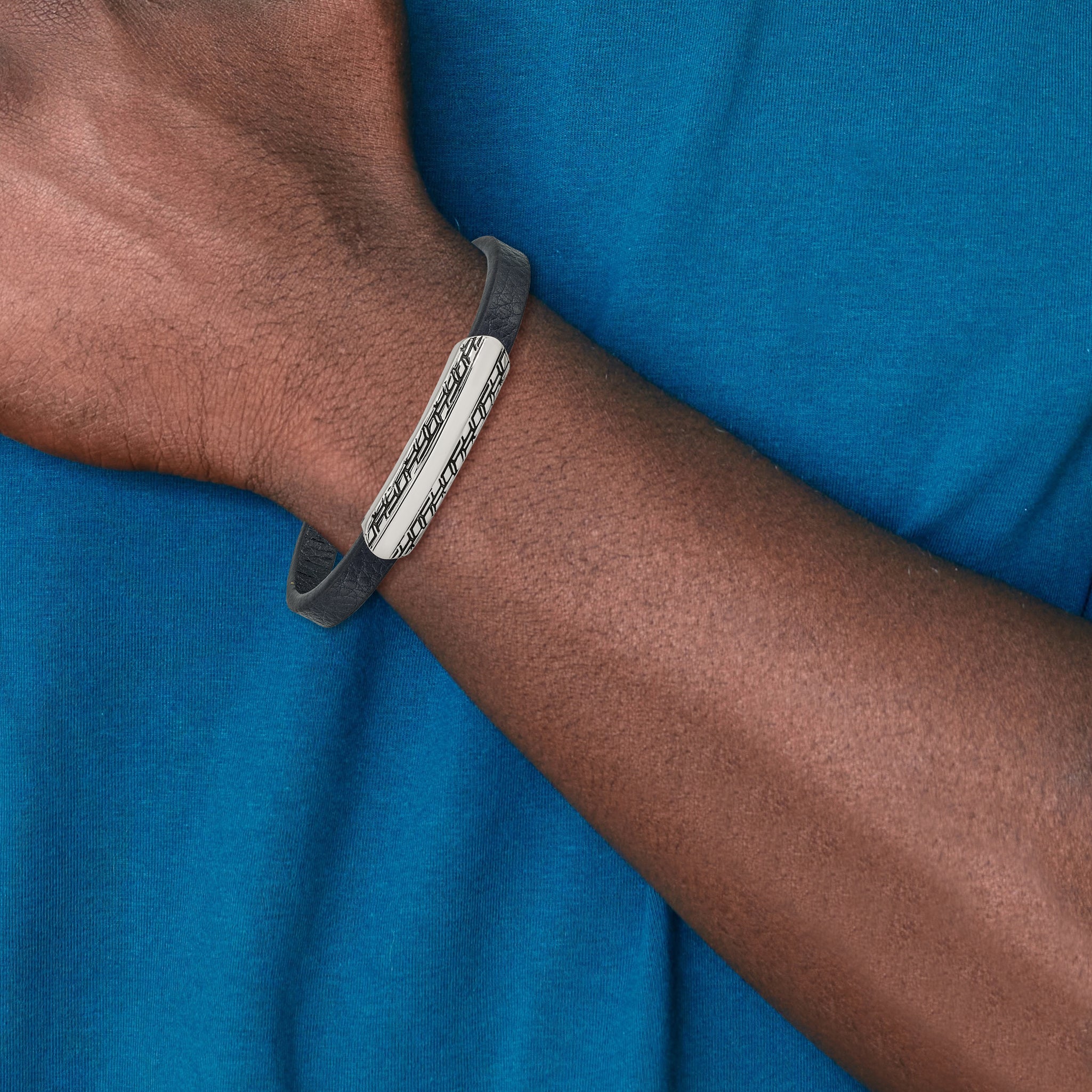 Stainless Steel Antiqued and Polished Navy Blue Leather Bracelet for Men
