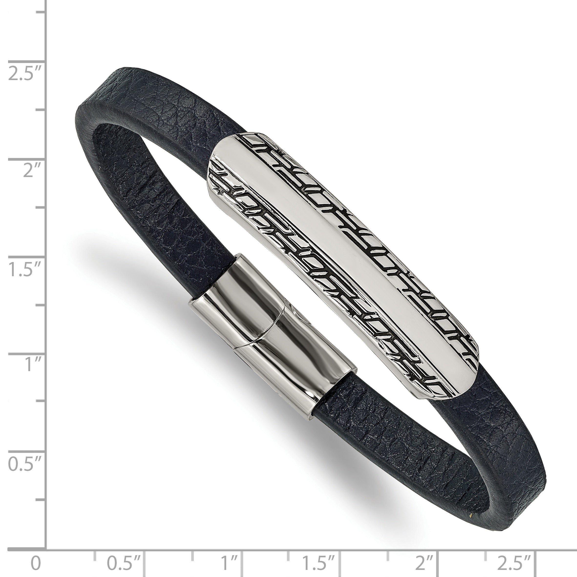 Stainless Steel Antiqued and Polished Navy Blue Leather Bracelet for Men