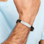 Stainless Steel Brushed and Polished Black Leather ID Bracelet for Men