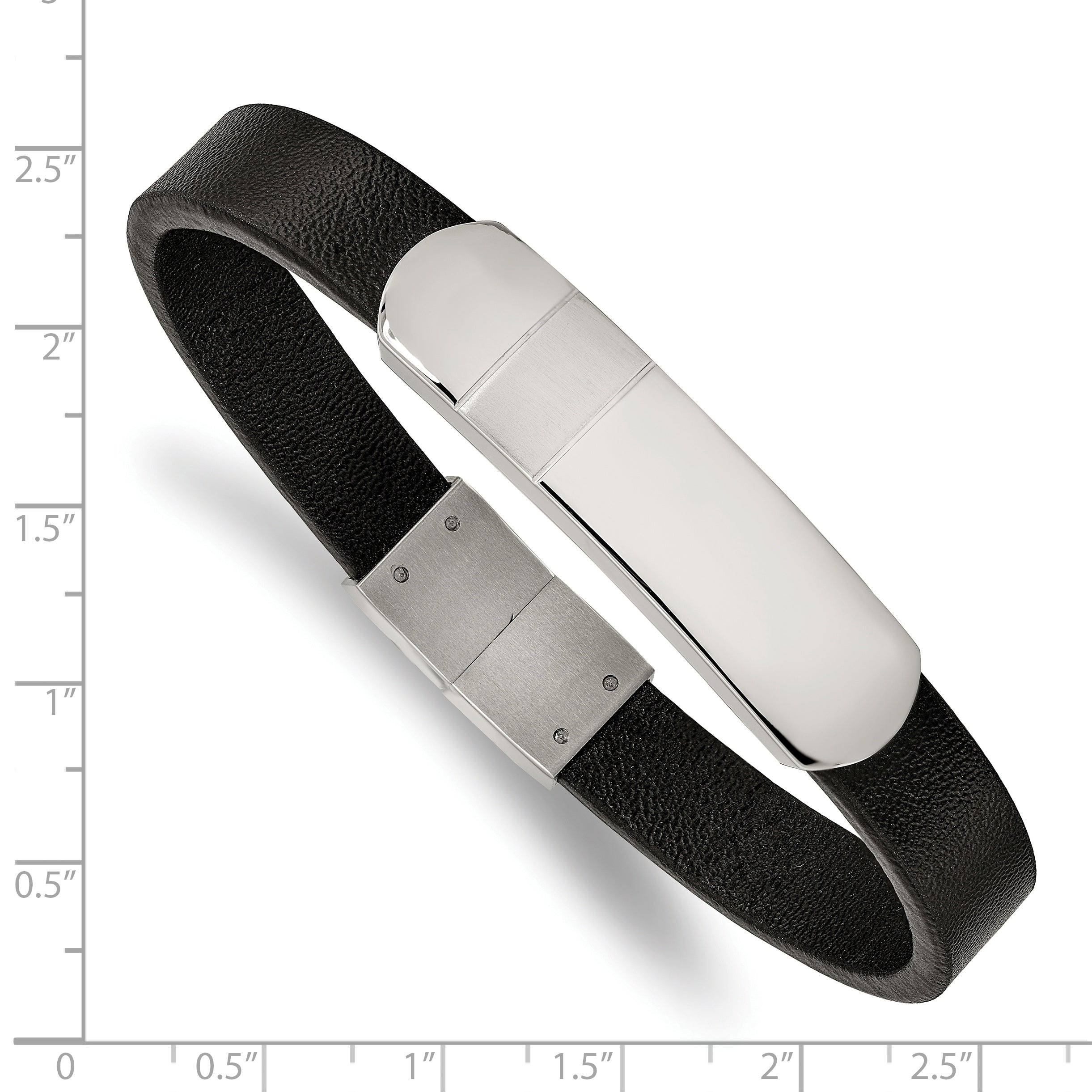 Stainless Steel Brushed and Polished Black Leather ID Bracelet for Men