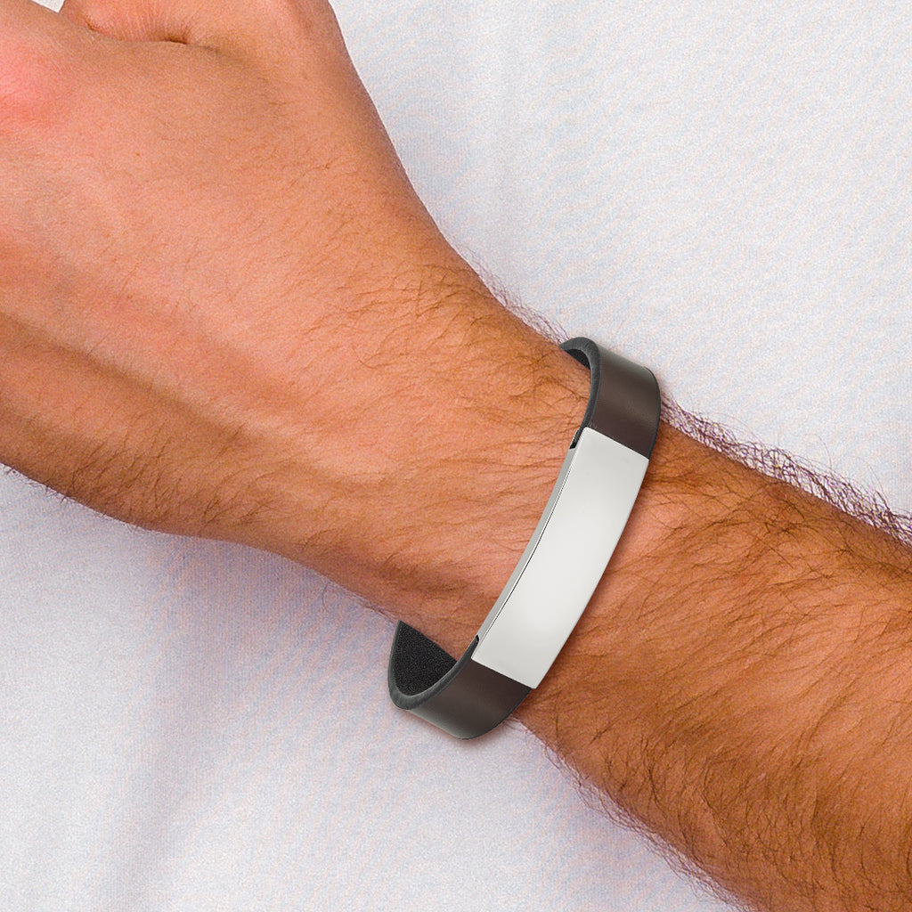 Stainless Steel Polished Brown Leather ID Bracelet for Men