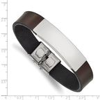 Stainless Steel Polished Brown Leather ID Bracelet for Men