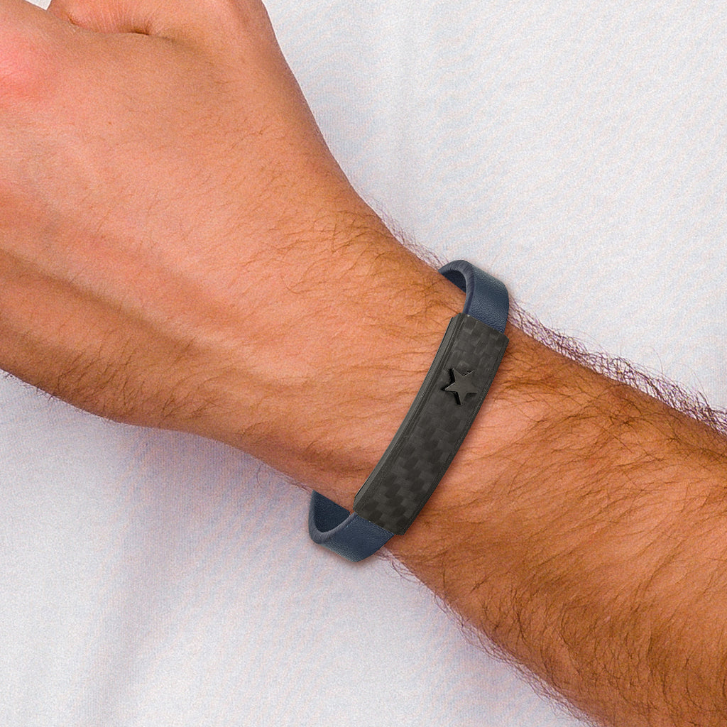 Stainless Steel Polished Black IP Carbon Fiber Blue Faux Leather Bracelet for Men