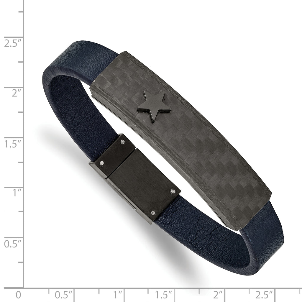 Stainless Steel Polished Black IP Carbon Fiber Blue Faux Leather Bracelet for Men