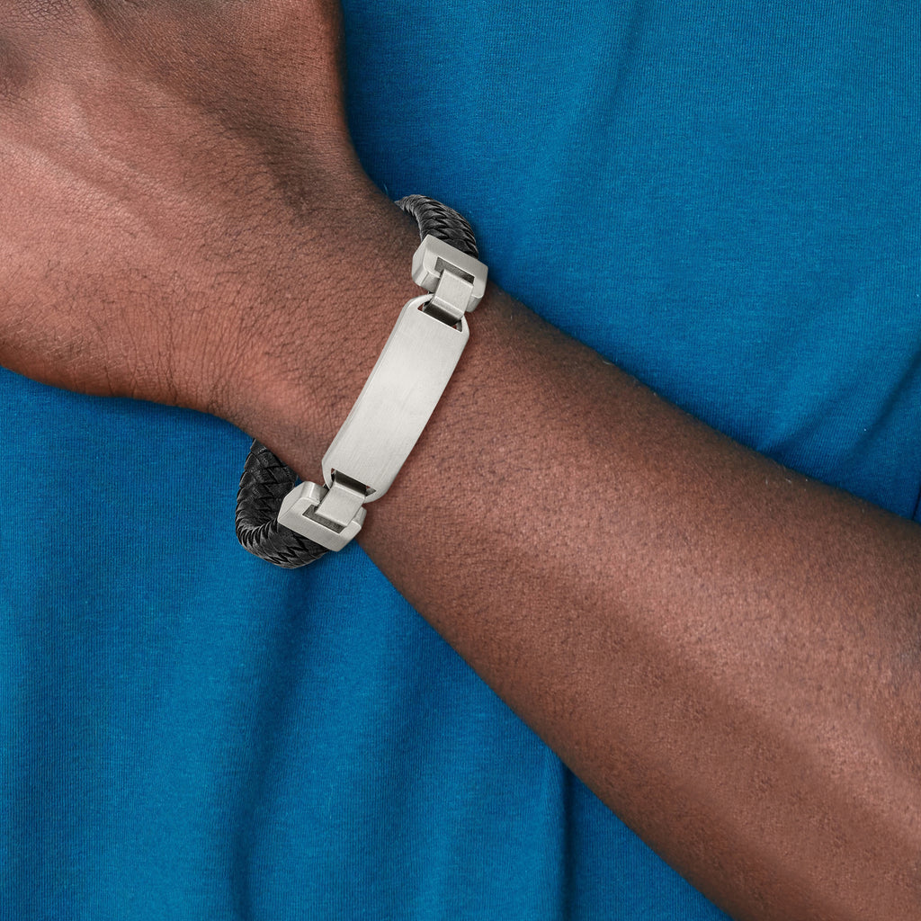 Stainless Steel Brushed Black Leather ID Bracelet for Men