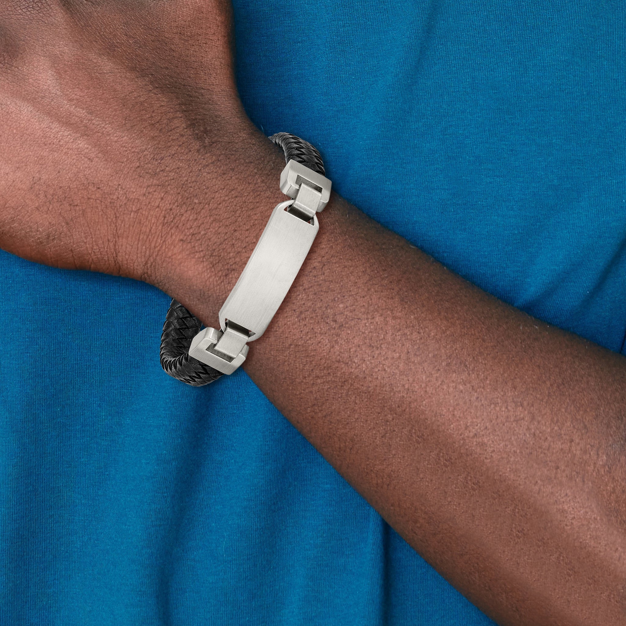 Stainless Steel Brushed Black Leather ID Bracelet for Men
