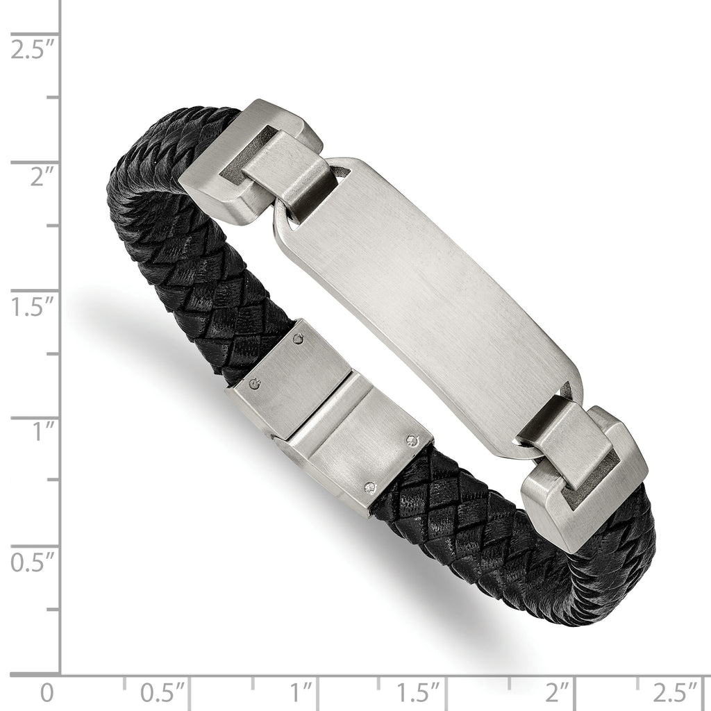 Stainless Steel Brushed Black Leather ID Bracelet for Men