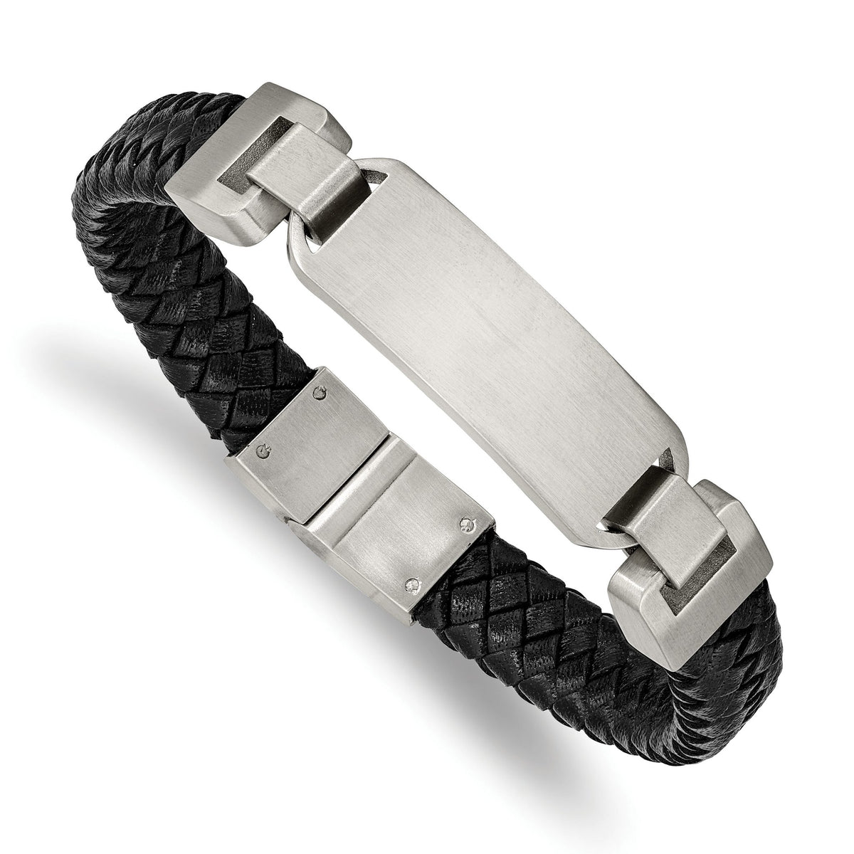 Brushed Black Leather ID Bracelet in Stainless Steel, 10.1mm, 8.5in - Sophia Jewelers