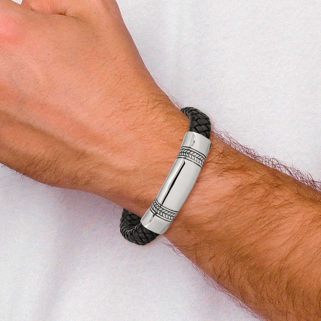 Stainless Steel Antiqued and Polished Braided Black Leather ID Bracelet for Men
