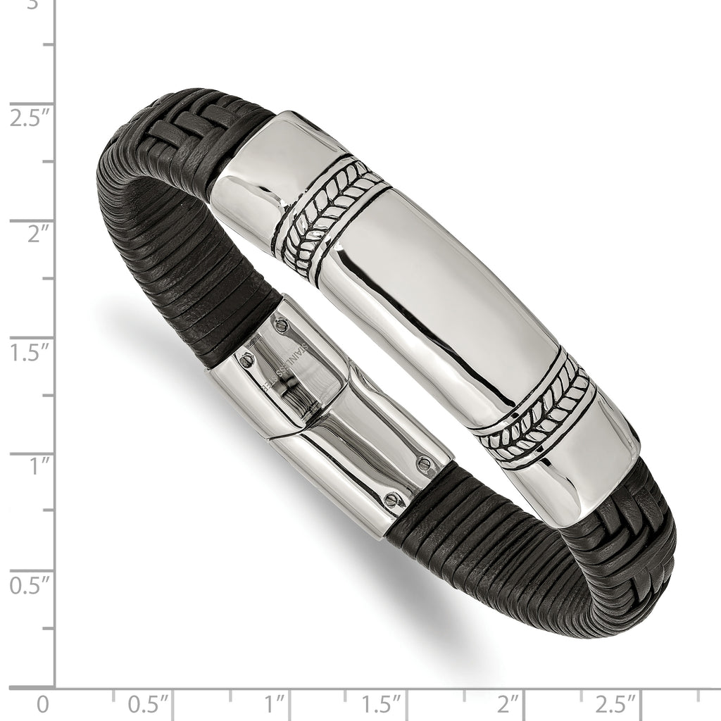 Stainless Steel Antiqued and Polished Black Woven Leather ID Bracelet for Men