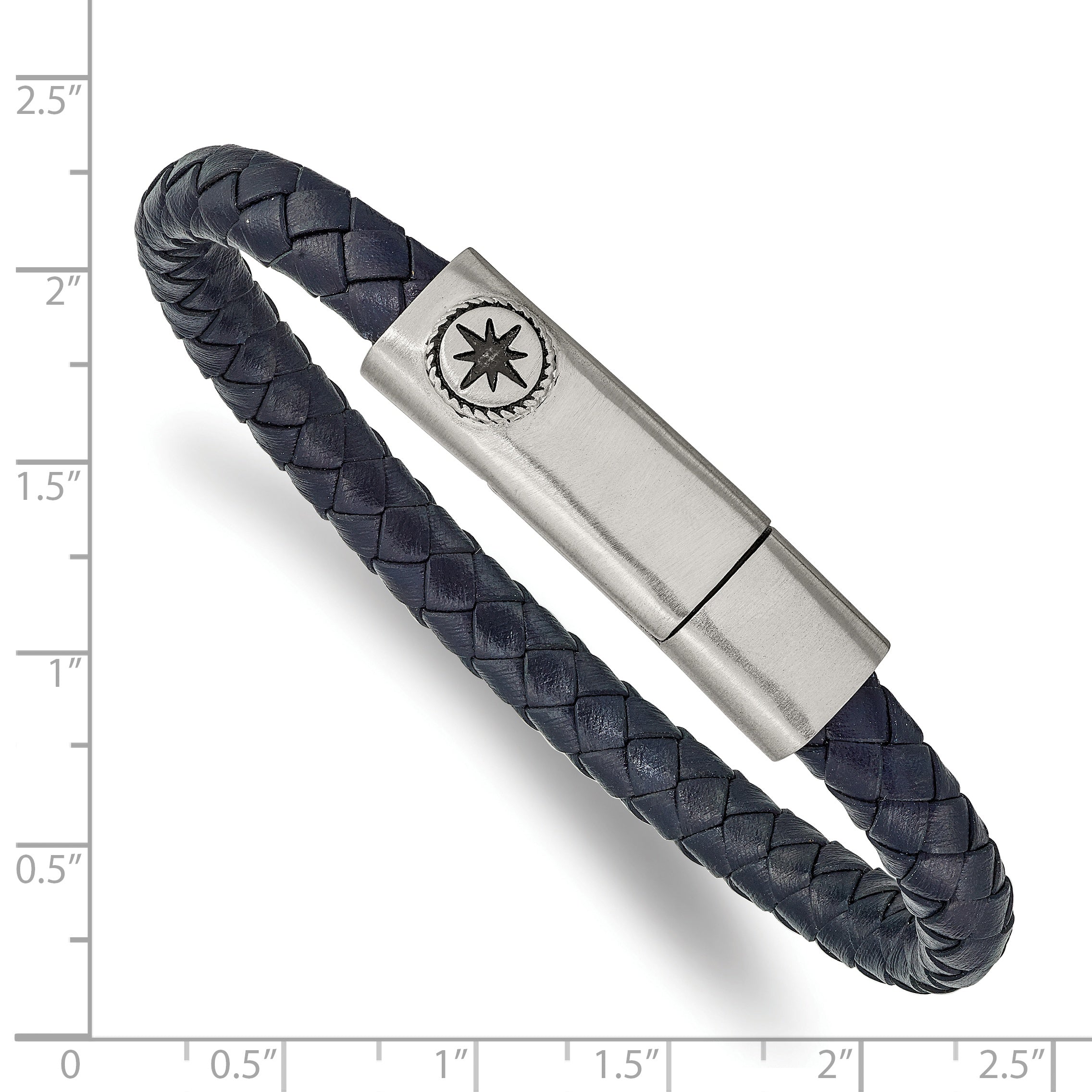 Stainless Steel Antiqued and Brushed Compass Navy Blue Braided Leather Bracelet for Men