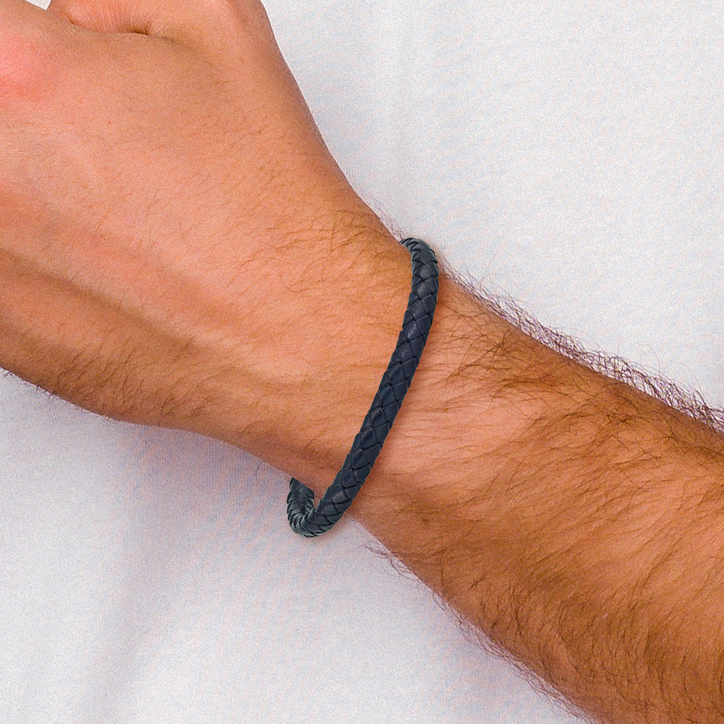Stainless Steel Brushed Navy Blue Braided Leather Bracelet for Men