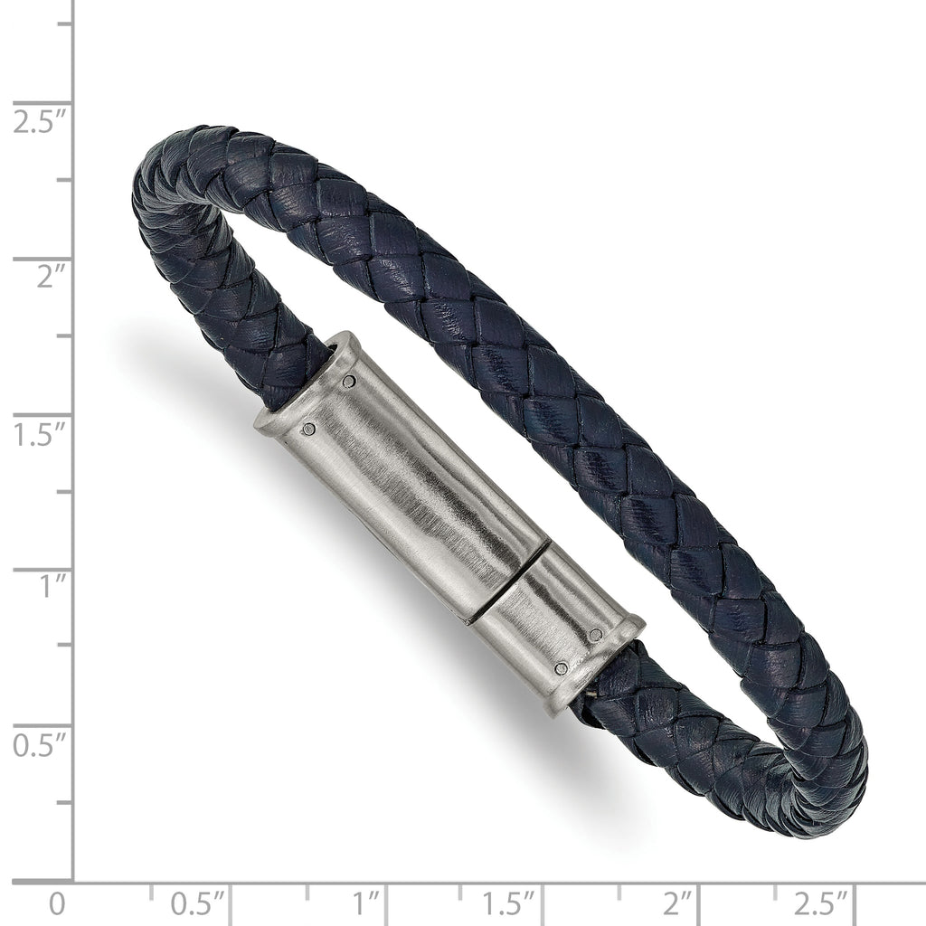 Stainless Steel Brushed Navy Blue Braided Leather Bracelet for Men