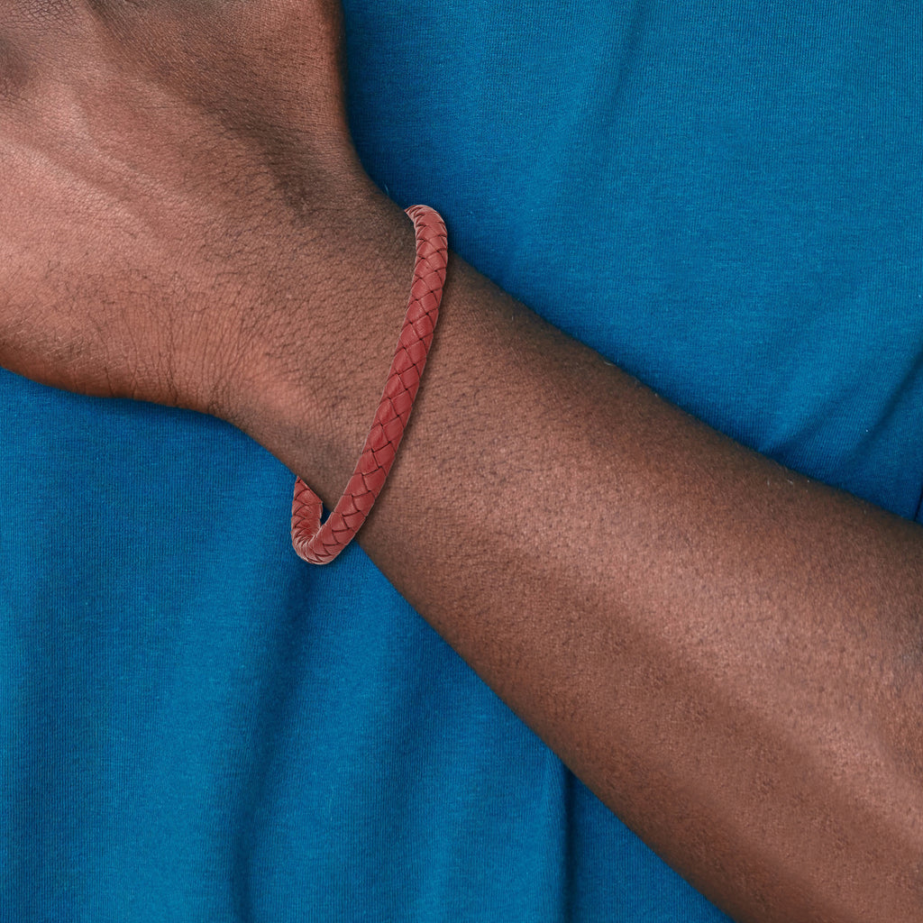 Stainless Steel Brushed Black IP-plated Red Braided Leather Bracelet for Men