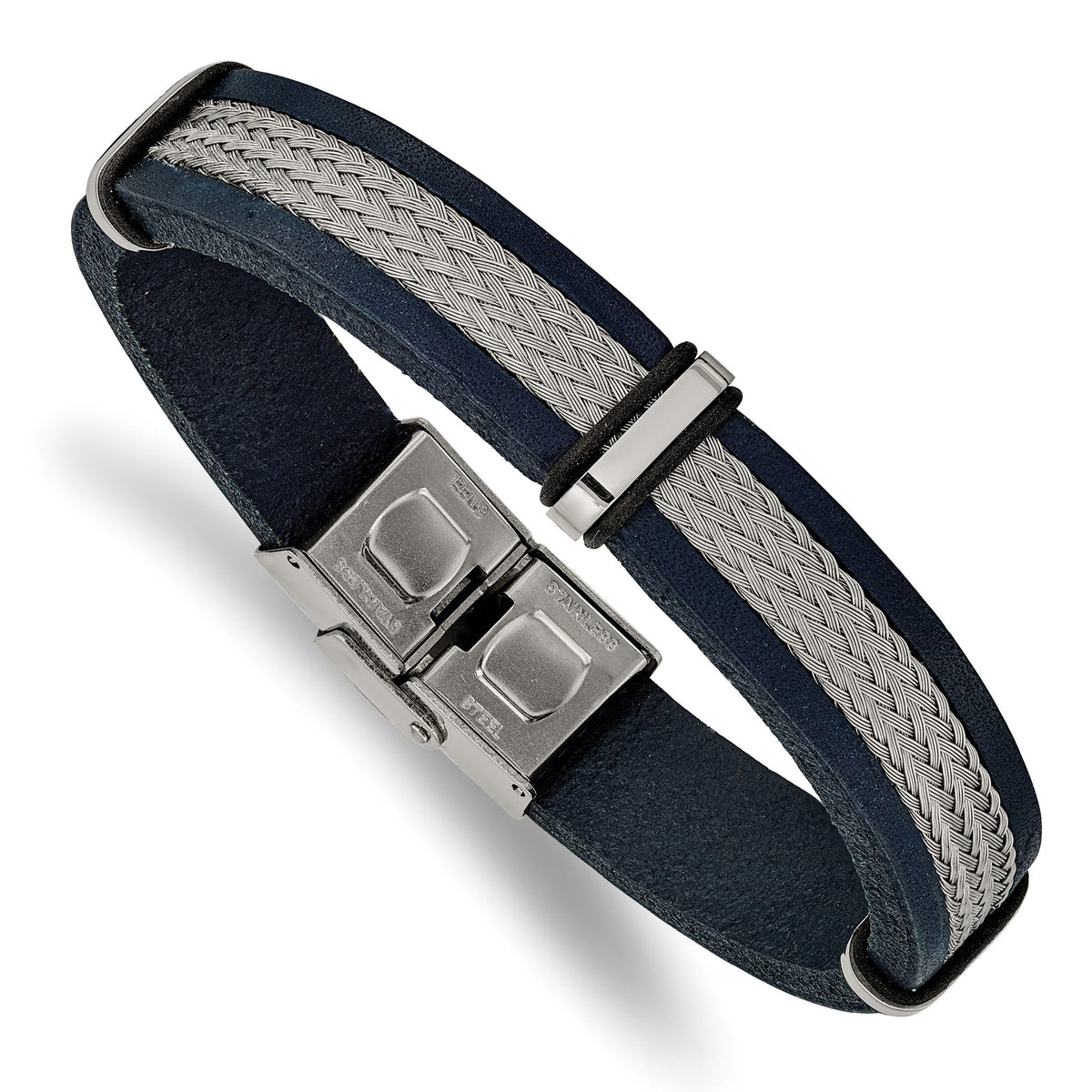 Blue Leather & Wire Bracelet in Stainless Steel, 12mm 8.5in - Sophia Jewelers