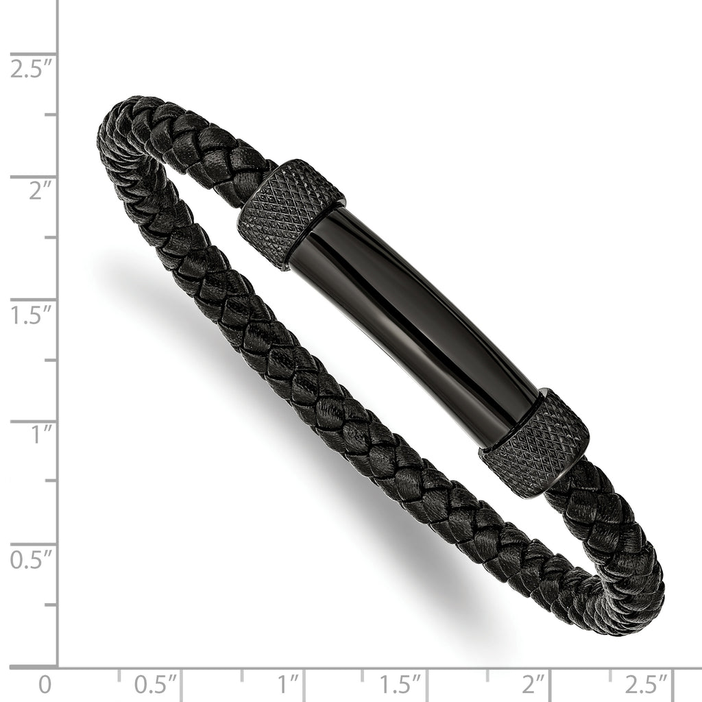 Stainless Steel Polished Black IP-plated Black Braided Leather Bracelet for Men