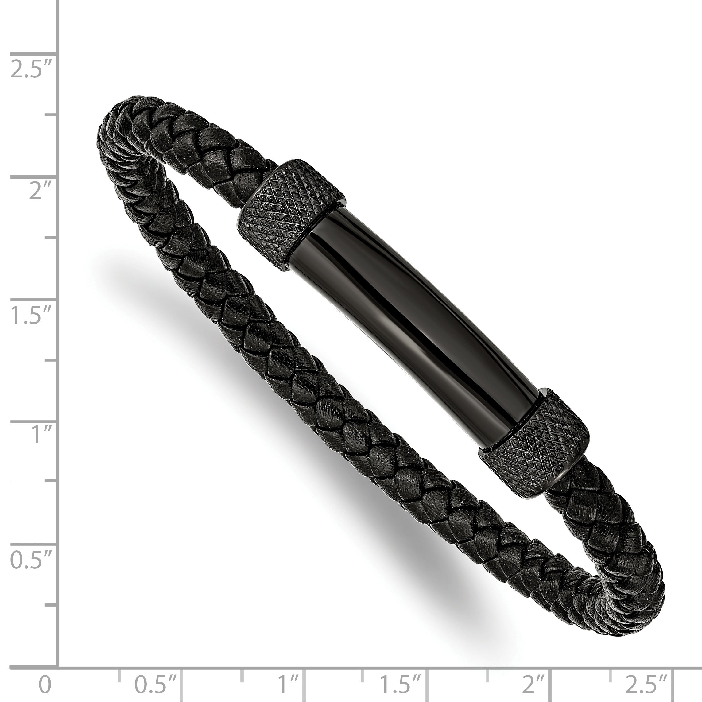 Stainless Steel Polished Black IP-plated Black Braided Leather Bracelet for Men