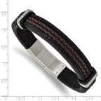 Stainless Steel Polished Black and Brown Braided Leather Bracelet with . Extension for Men
