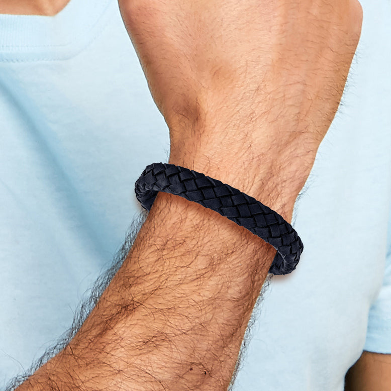 Stainless Steel Brushed Navy Blue Braided Leather Bracelet with . Extension for Men