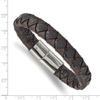 Stainless Steel Polished Black and Brown Textured Leather Bracelet for Men