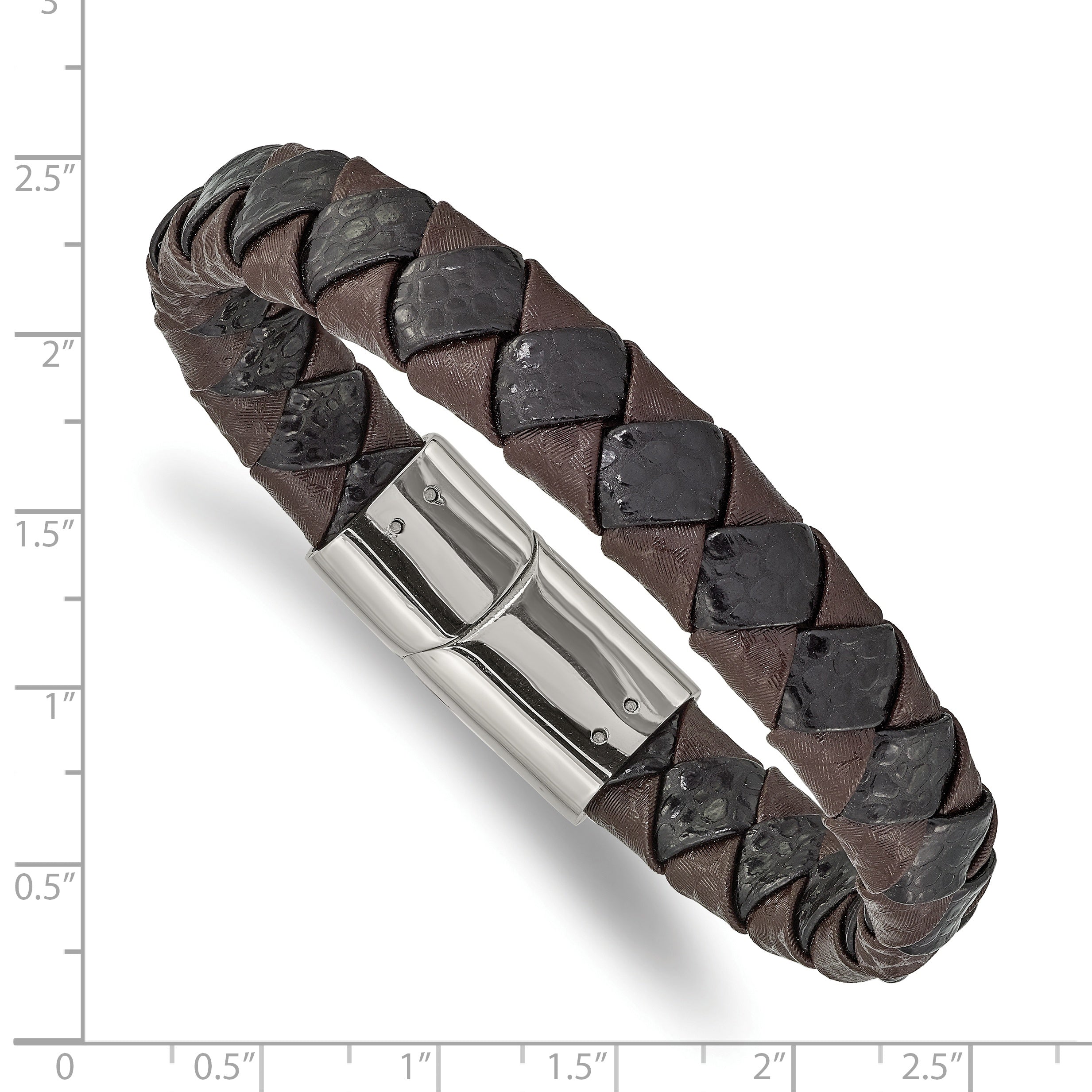 Stainless Steel Polished Black and Brown Textured Leather Bracelet for Men