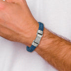 Stainless Steel Brushed Blue Leather Bracelet for Men