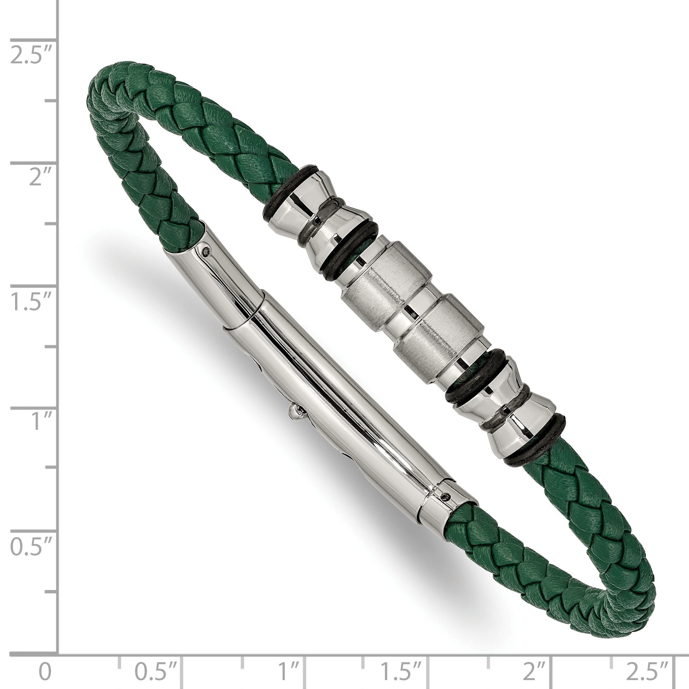 Stainless Steel Brushed and Polished Black IP-plated with Rubber Green Braided Leather Adjustable 7.75 to Bracelet for Men