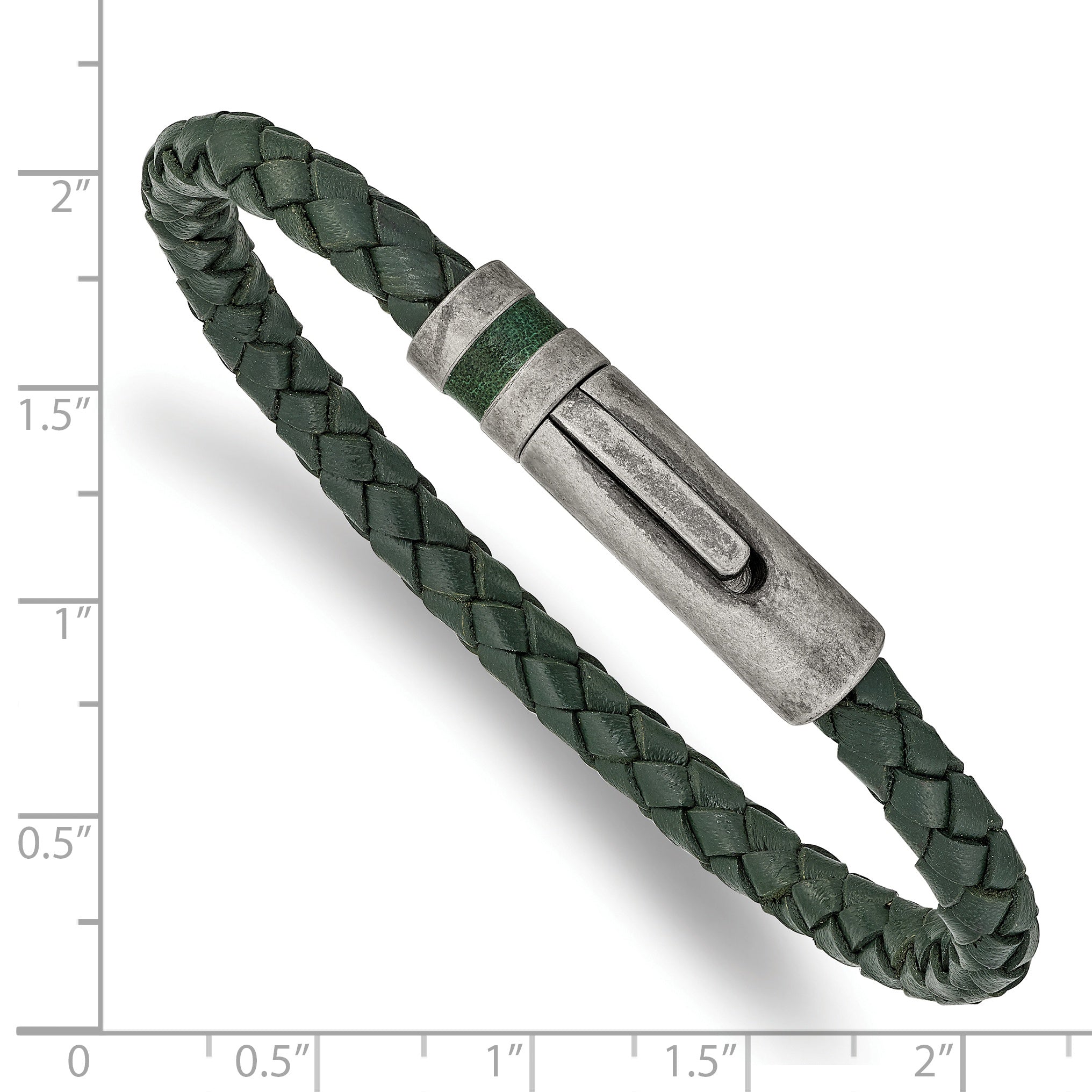 Stainless Steel Antiqued Green Braided Leather Bracelet for Men