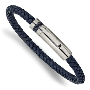 Blue Braided Leather Bracelet in Stainless Steel, 5mm 8.2in - Sophia Jewelers