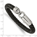 Stainless Steel Antiqued and Polished Black Braided Leather Bracelet for Men