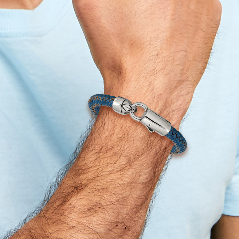 Stainless Steel Antiqued and Polished Blue Braided Leather Bracelet for Men