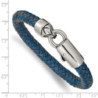 Stainless Steel Antiqued and Polished Blue Braided Leather Bracelet for Men