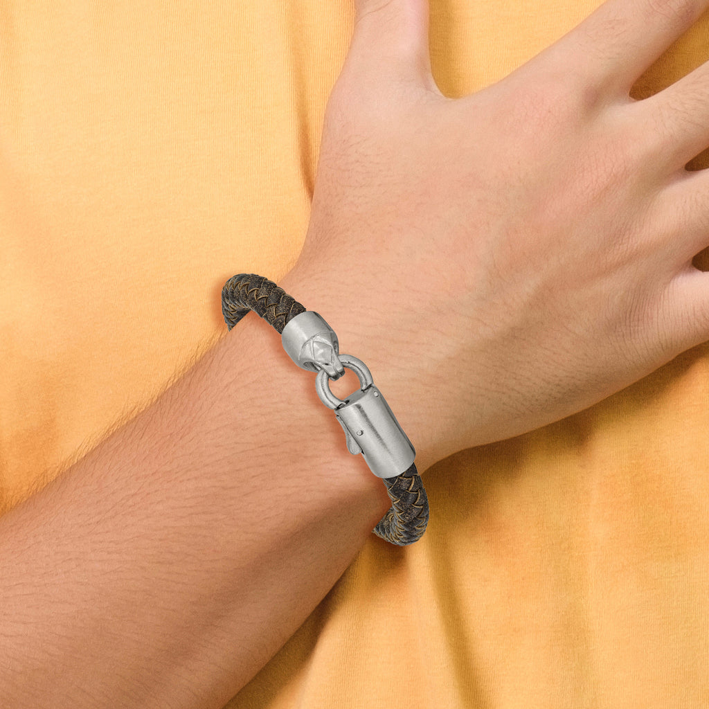 Stainless Steel Brushed Brown Braided Leather Bracelet for Men