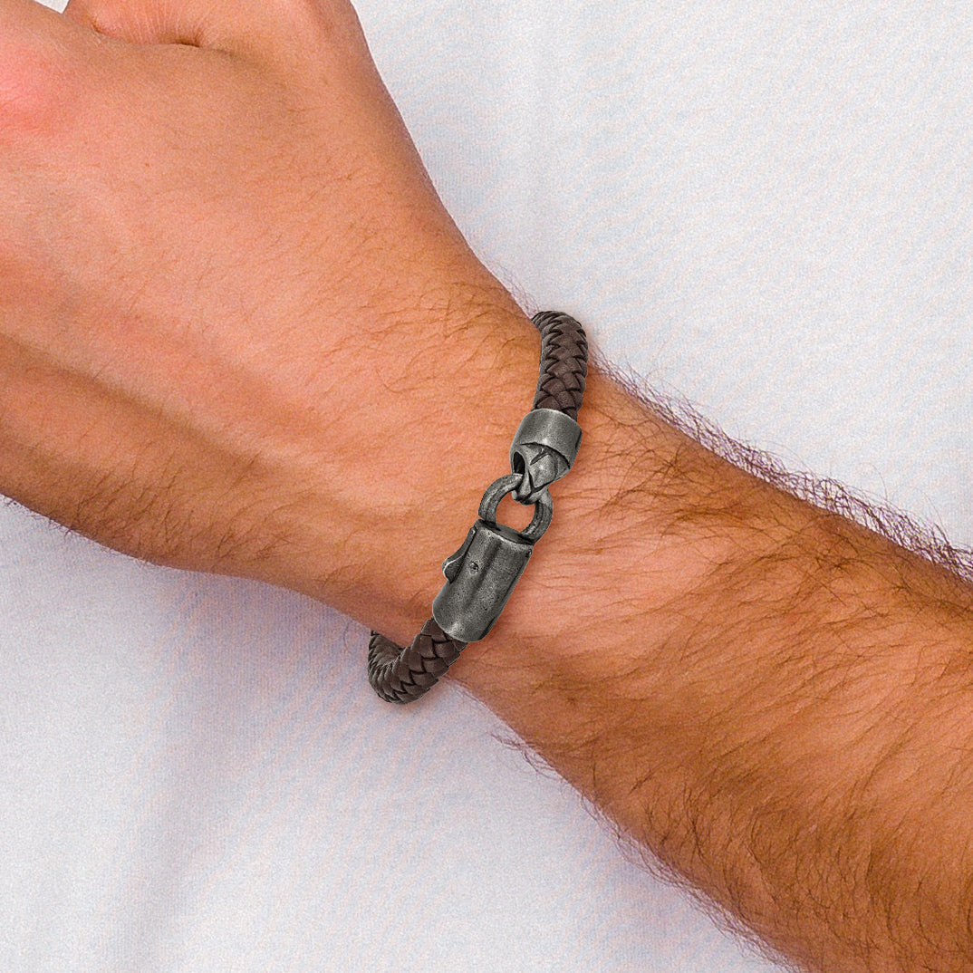 Stainless Steel Antiqued White Bronze-plated Brown Braided Leather Bracelet for Men