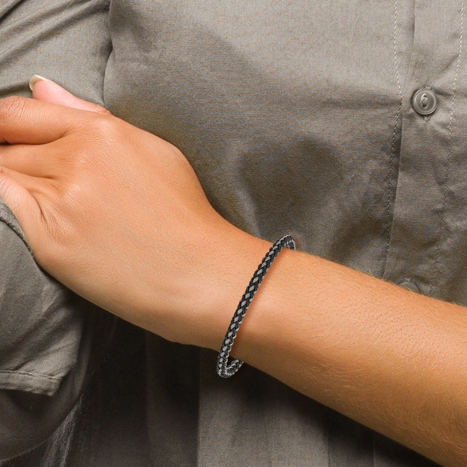 Stainless Steel Polished Black IP-plated Braided Wire and Rubber Bracelet for Men