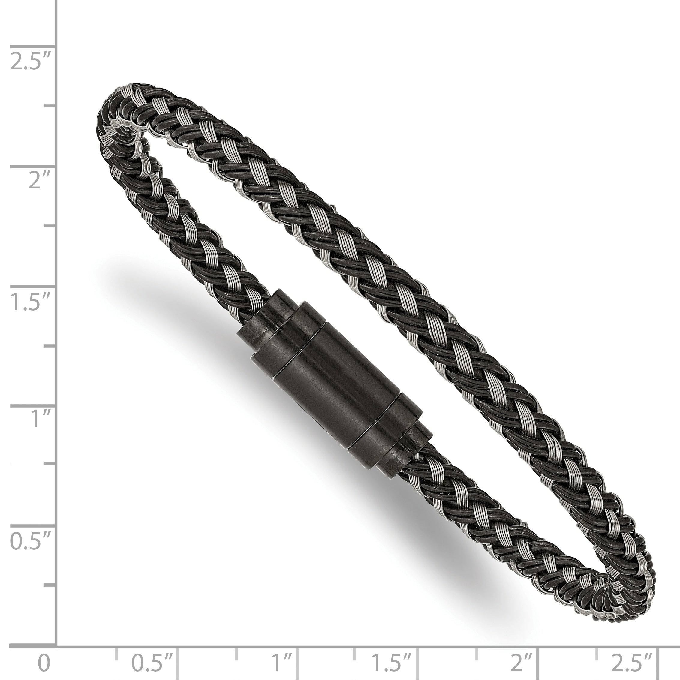 Stainless Steel Polished Black IP-plated Braided Wire and Rubber Bracelet for Men