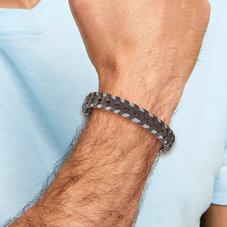 Stainless Steel Polished Cable and Brown Leather Bracelet for Men