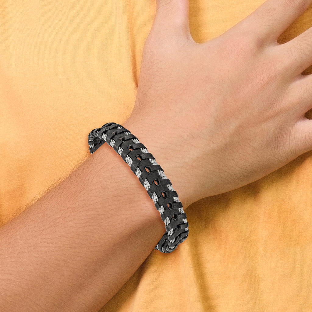 Stainless Steel Polished Cable and Black Leather Bracelet for Men