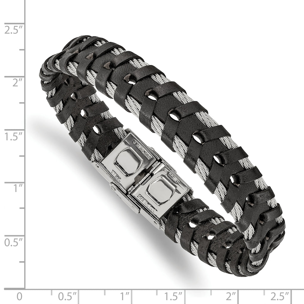 Stainless Steel Polished Cable and Black Leather Bracelet for Men
