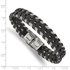 Stainless Steel Polished Cable and Black Leather Bracelet for Men