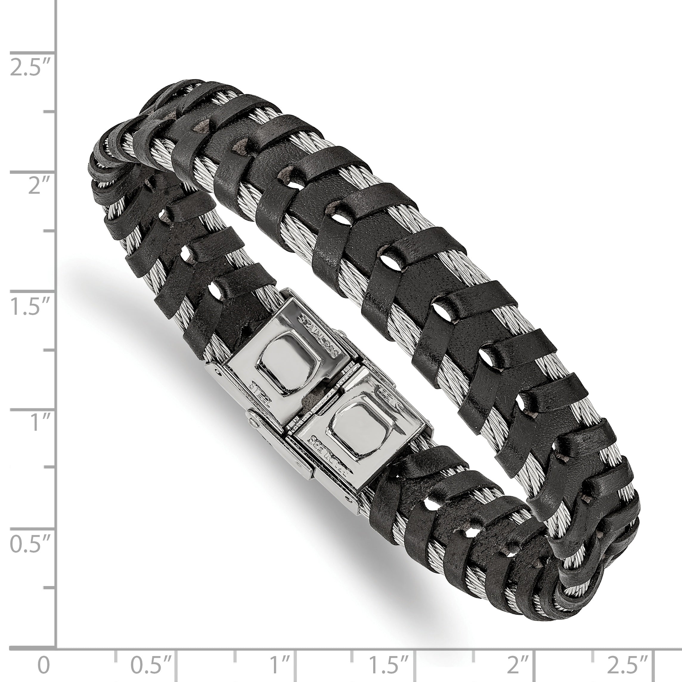 Stainless Steel Polished Cable and Black Leather Bracelet for Men