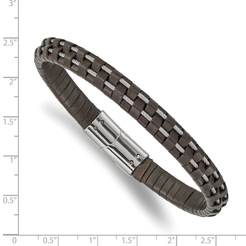 Stainless Steel Polished Cable and Brown Leather Bracelet for Men