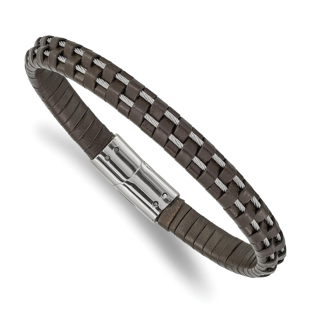 Cable & Brown Leather Bracelet in Stainless Steel, 7.5mm, 8.8" - Sophia Jewelers