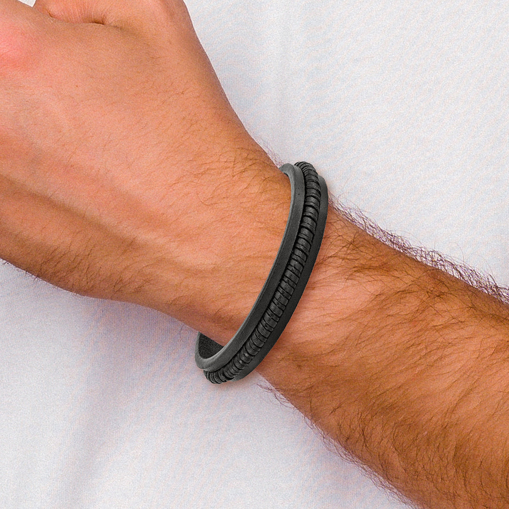Stainless Steel Polished Black Leather Bracelet for Men