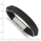 Stainless Steel Polished Black Leather Bracelet for Men