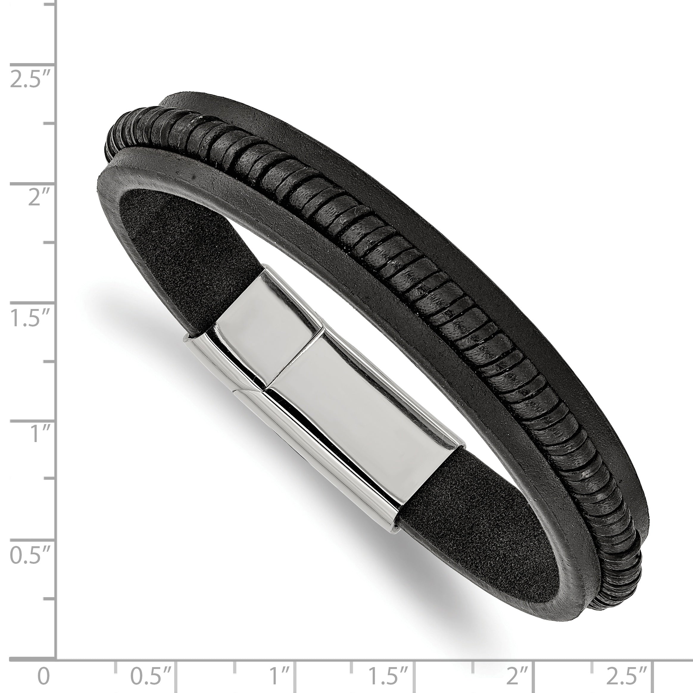 Stainless Steel Polished Black Leather Bracelet for Men