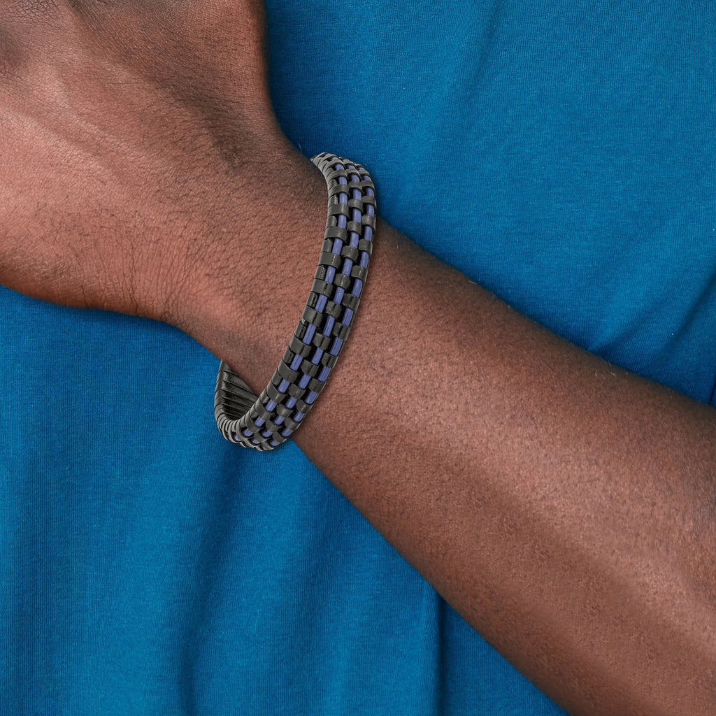 Stainless Steel Polished Black IP-plated and Black and Blue Leather Bracelet for Men