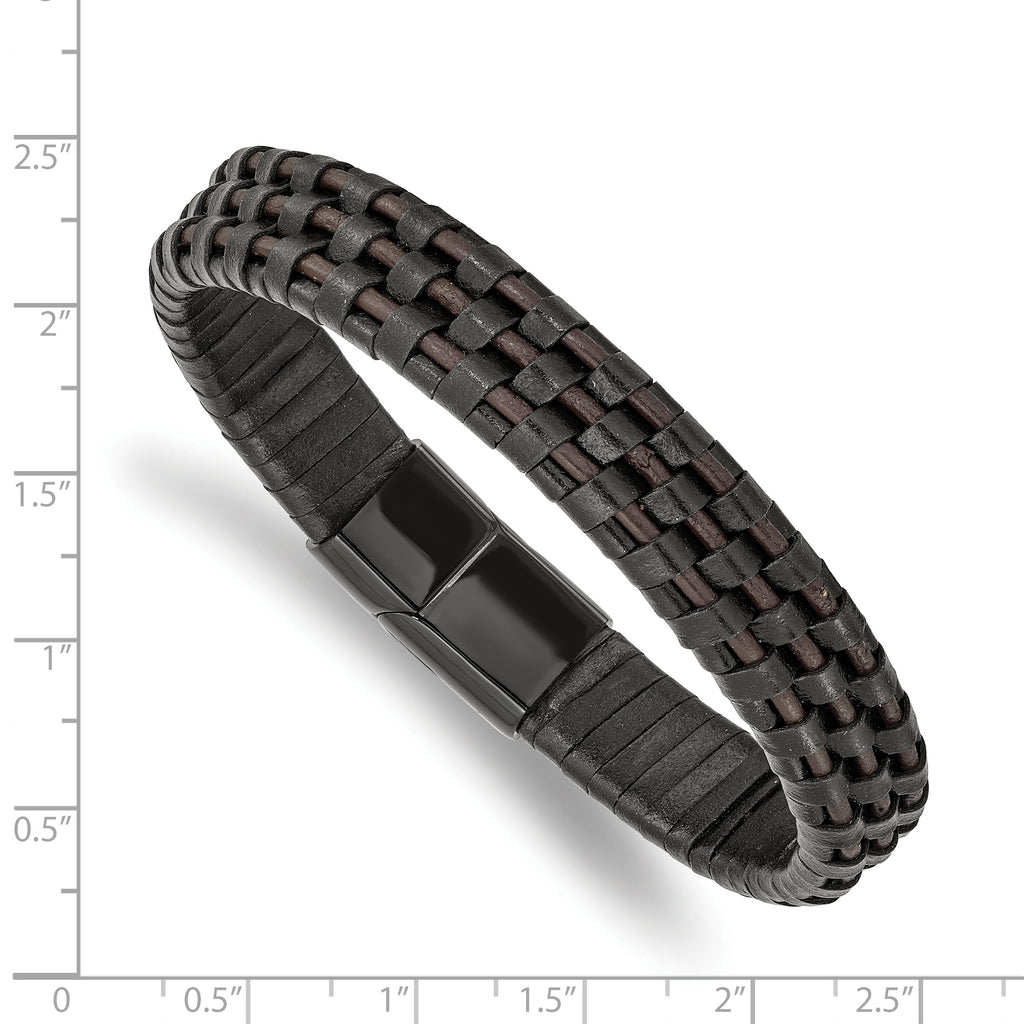 Stainless Steel Polished Black IP-plated Black and Brown Leather Bracelet for Men